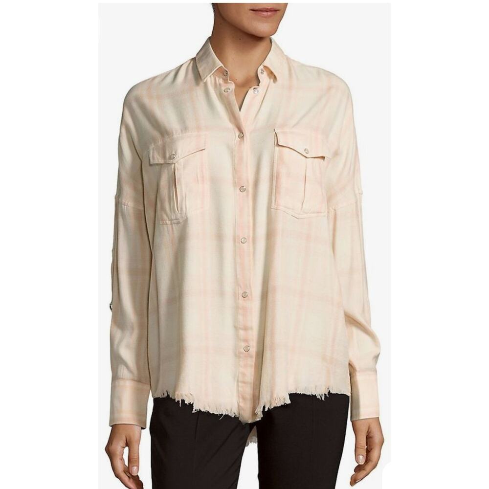 IRO Kaitlyn Pearl Snap Frayed Hem Plaid Shirt